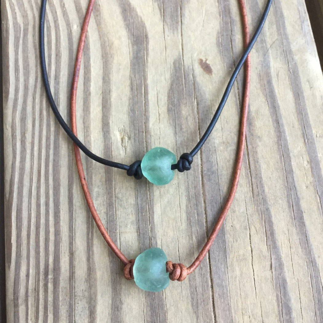 Beach Necklace | Leather and African Glass Necklace | Beach Lover Gift