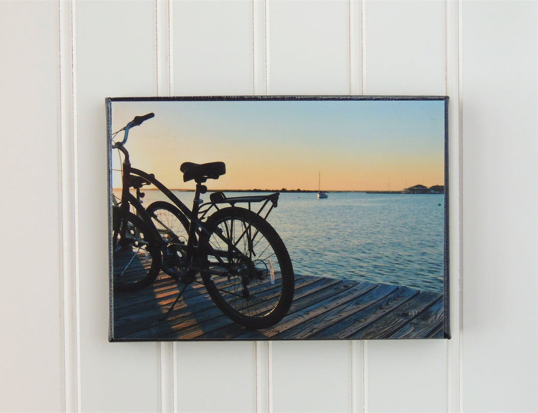 Bicycles at Sunset on the Bay Canvas Photo | Beach House Decor