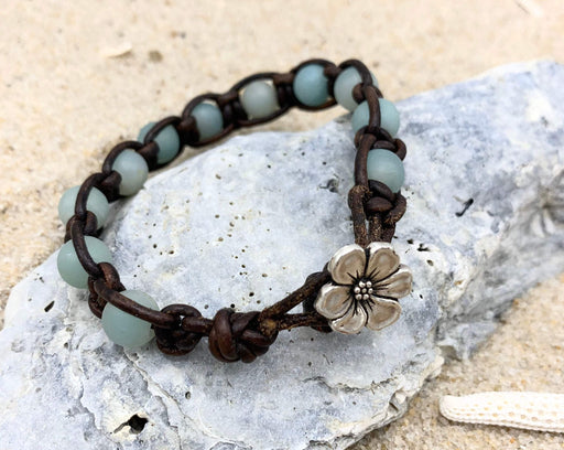 amazonite macrame leather bracelet with flower button