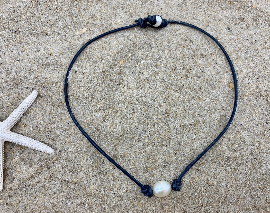 Leather and Freshwater Pearl Leather Necklace | Leather Layering Necklace