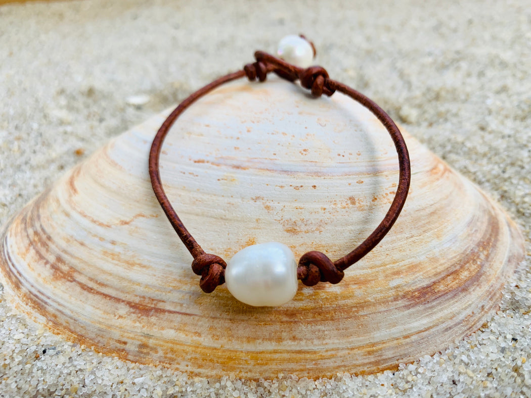 Single Fresh Water Pearl Leather Bracelet | Womens Beach Bracelet