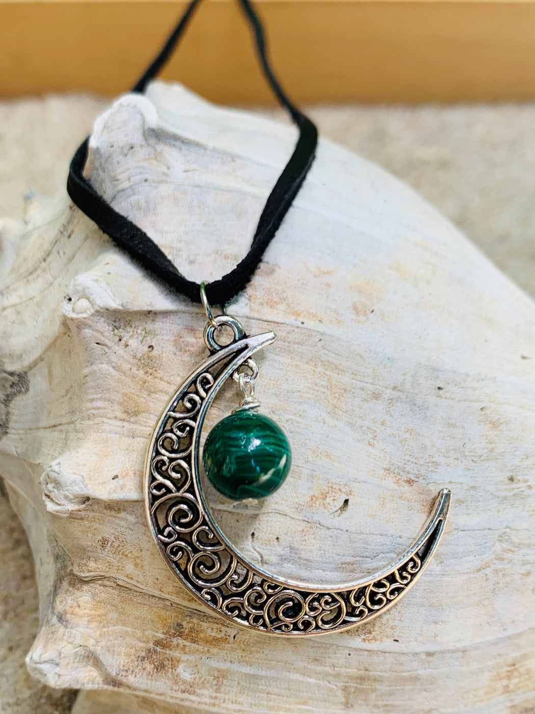 Boho Crescent Moon Pendant Necklace | Gemstone Moon Leather Necklace