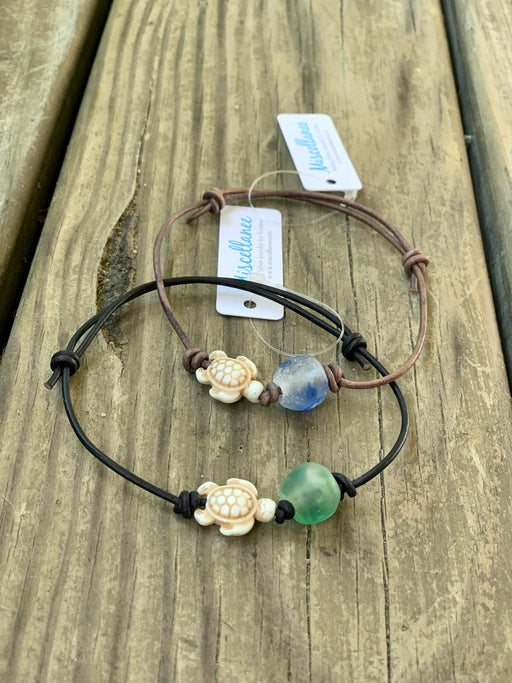 adjustable leather turtle and glass anklet